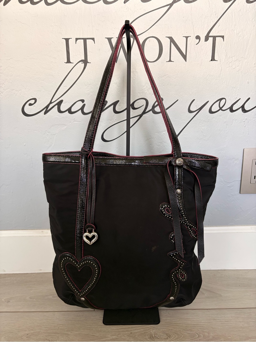 Brighton Black Nylon Studded Tote with Pink Trim and Heart Accents